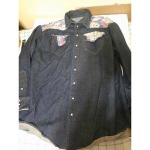 Vintage 1970s Handmade Denim Shirt 19.5 37 Mens Dark USA Patriotic Pearl Snap